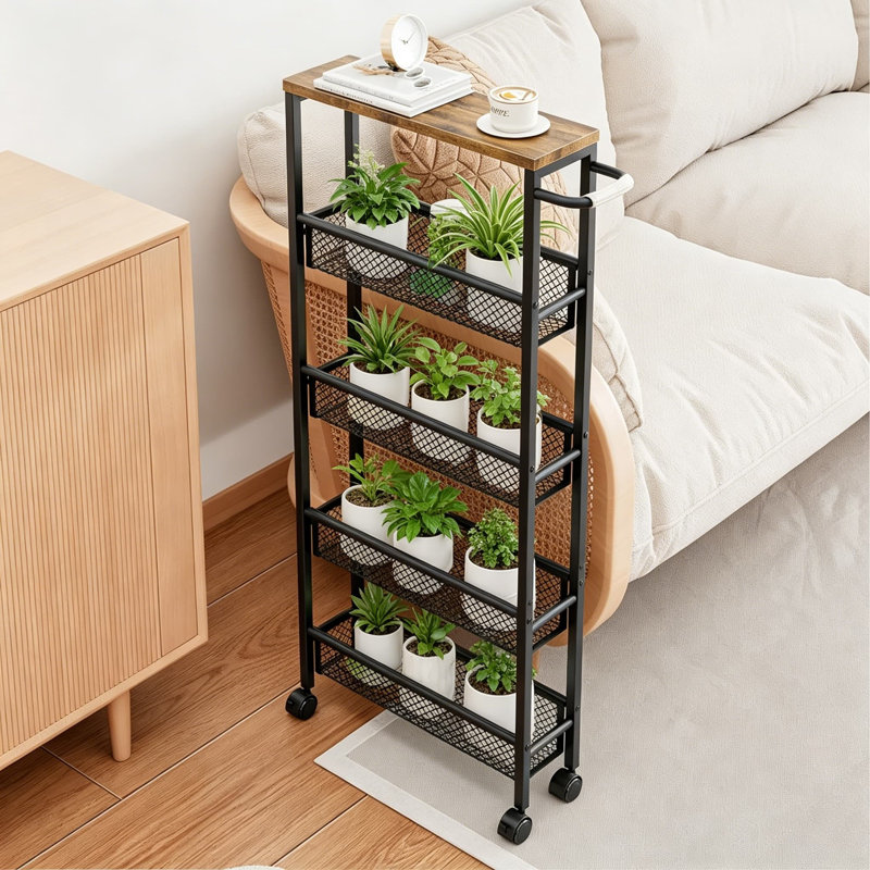 Chariot de rangement mince à 5 niveaux avec roulettes verrouillables et plateau en panneau de fibres à densité moyenne - Organisateur mobile peu encombrant pour la cuisine, la salle de bain, le bureau et la buanderie