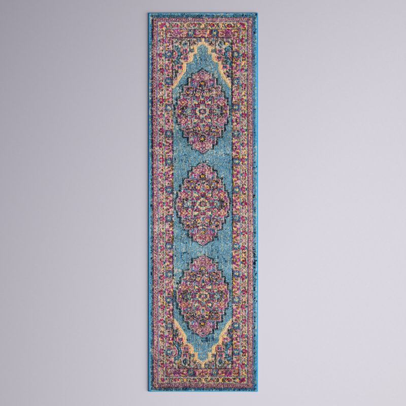 Tapis oriental turquoise / mauve Katie, Tapis de couloir 2 pi 2 po x 8 pi