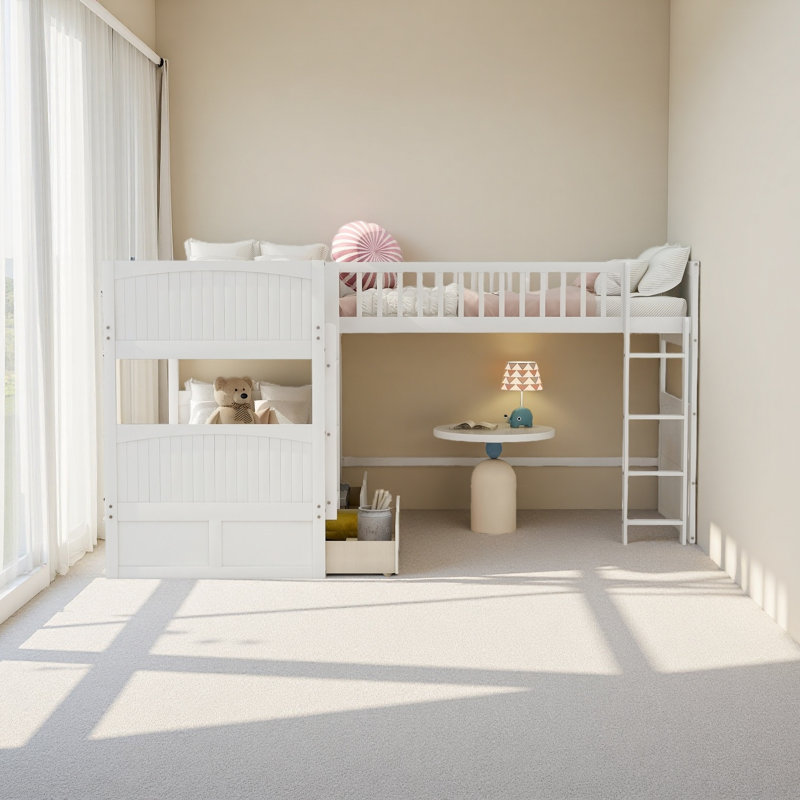 Lit superposé avec lit mezzanine attaché, avec deux tiroirs, Blanc