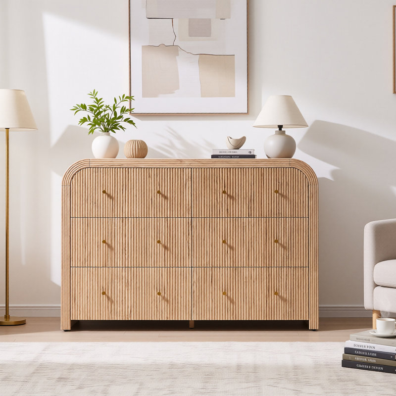 54" Fluted 6-Drawer Dresser With Thickened Curved Profile, Natural Oak