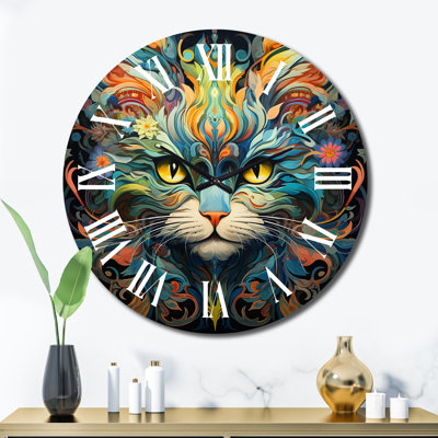 Cosmic Teal Cat With Mysterious Gaze Wall Clock
