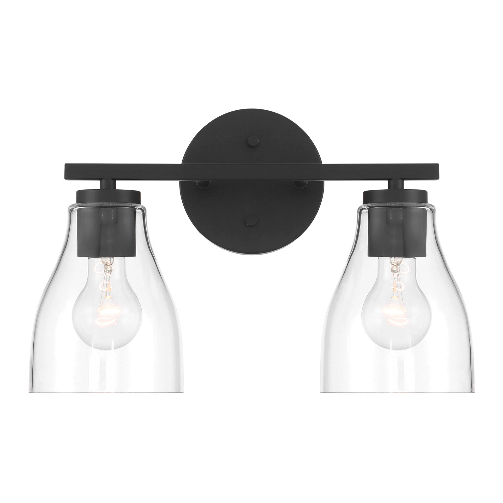 Modern Clear Glass Shade Vanity Wall Light With Steel Frame, Matte Black, 2 Lights, 10" H x 15" W x 6.5" D