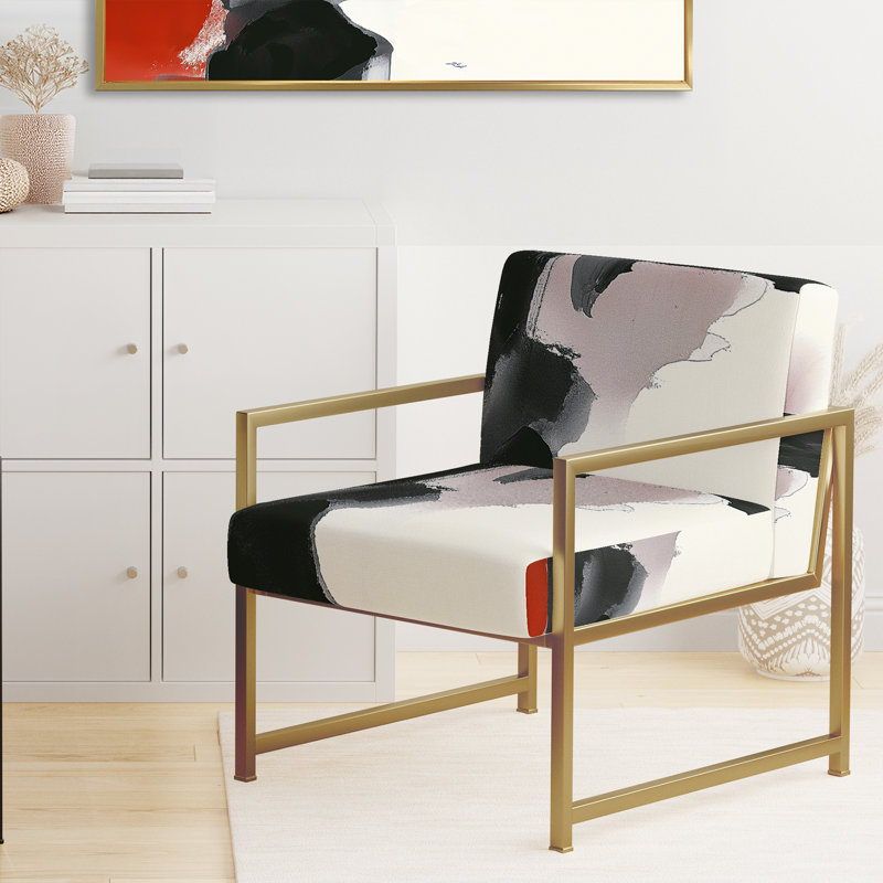 Chaise avec accoudoirs rembourrée abstraite moderne noir et blanc Poitier Geometric IV, Doré