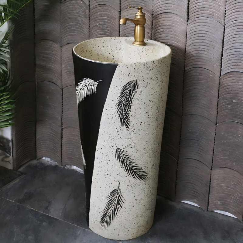 Modern Minimalist Ceramic Pedestal Sink with Carved Feather Pattern