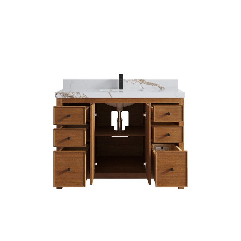 Meuble-lavabo simple 48 po avec plateau en quartz Chicago Teak