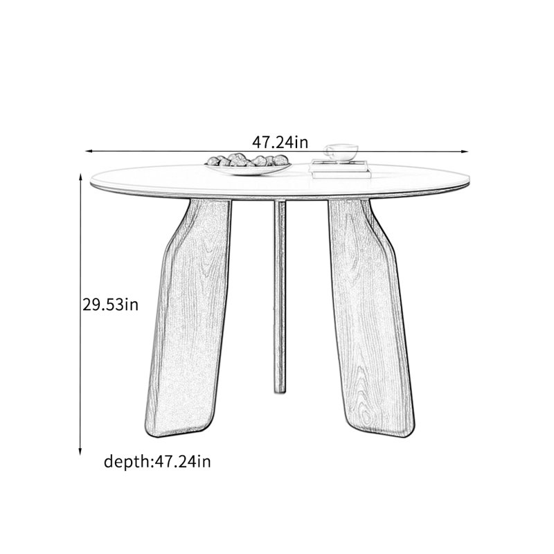 Table de salle à manger ronde en chêne avec ardoise mat., H 29,53 po x L 47,24 po x l 47,24 po