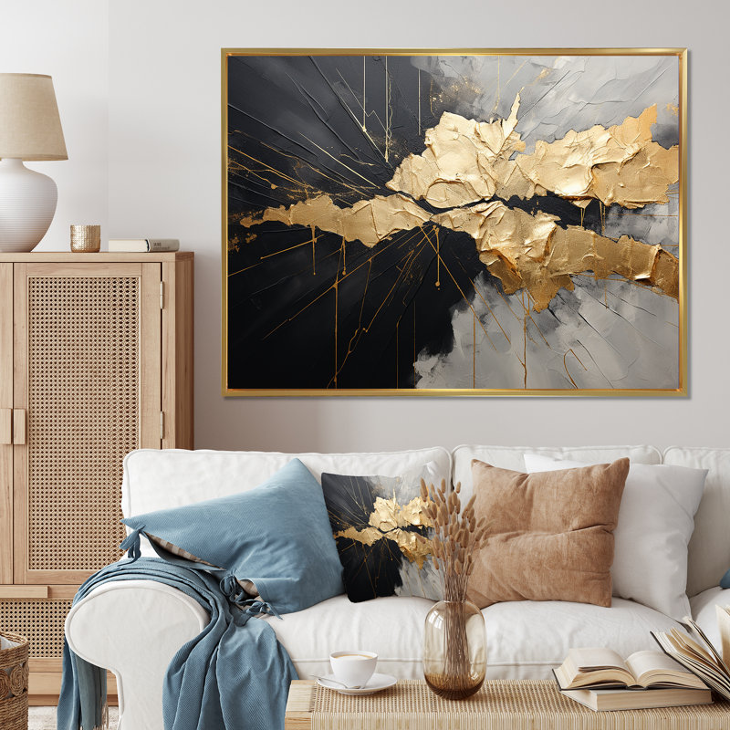 «Black and Gold Abstract Meditation I», art mural abstrait, H 12 po x l 20 po x P 1 po, Cadre flottant doré