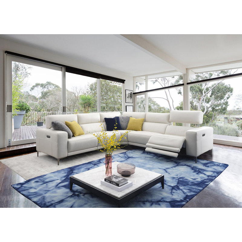 5 - Piece Upholstered Power Reclining Sectional, Light Grey Genuine Leather