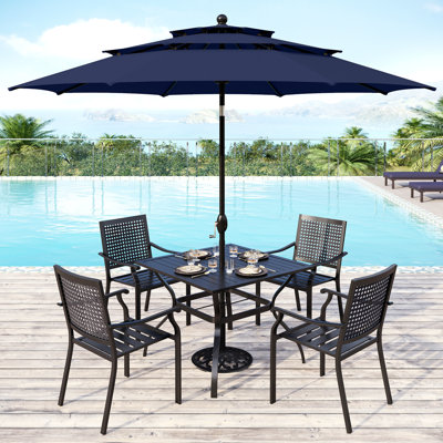 Alyah 5-piece Steel Patio Outdoor Dining Set With Umbrella,metal Stackable Chairs, Square Table -  Lark Manorâ¢, 30B38CD4C906488ABDC603C345B4D8C3