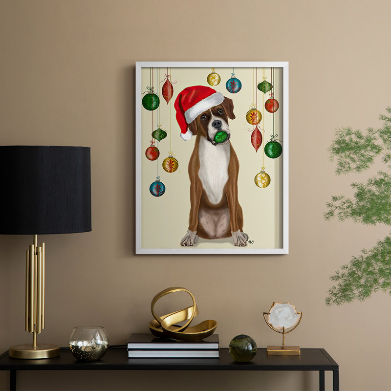 «Christmas Boxer and Bauble Ball», reproduction encadrée - bois massif, H 15 po x l 12 po, Blanc