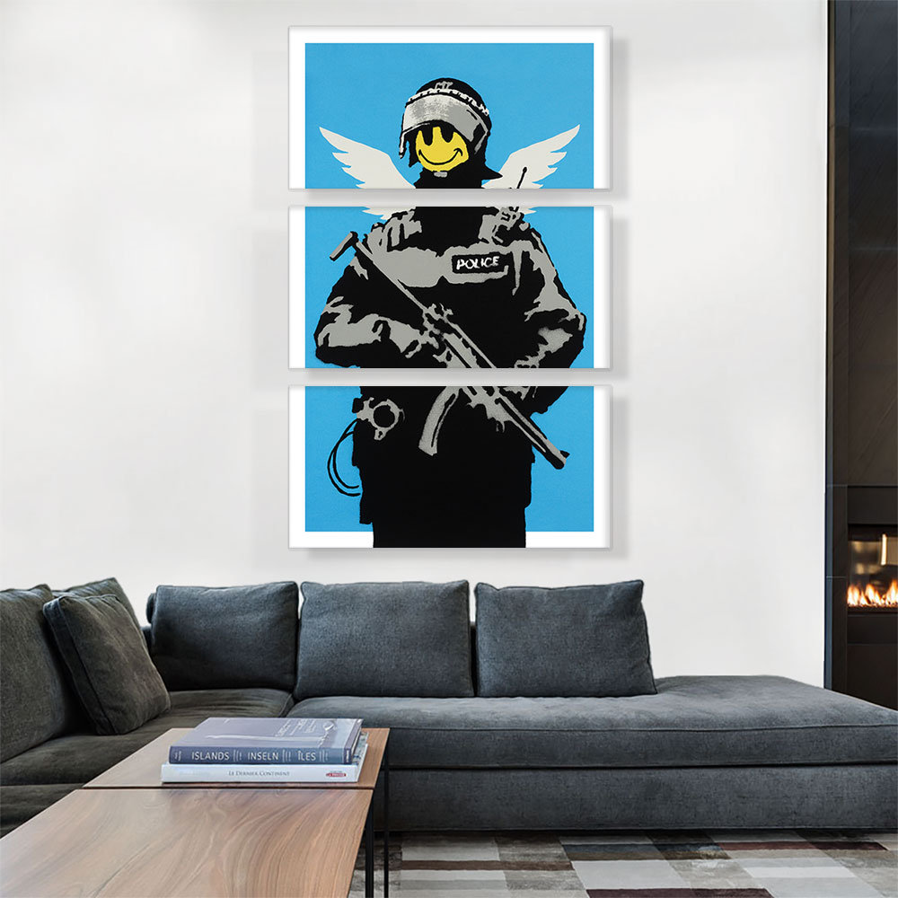 ARTCANVAS Happy Face Flying Copper On Canvas 3 Pieces By Banksy Print ...