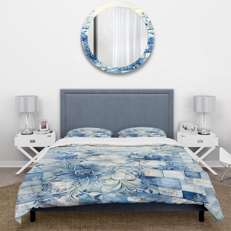 Ensemble de housse de couette White and Blue Botanical Tiles I - Abstract Botanicals, Housse de couette pour très grand lit