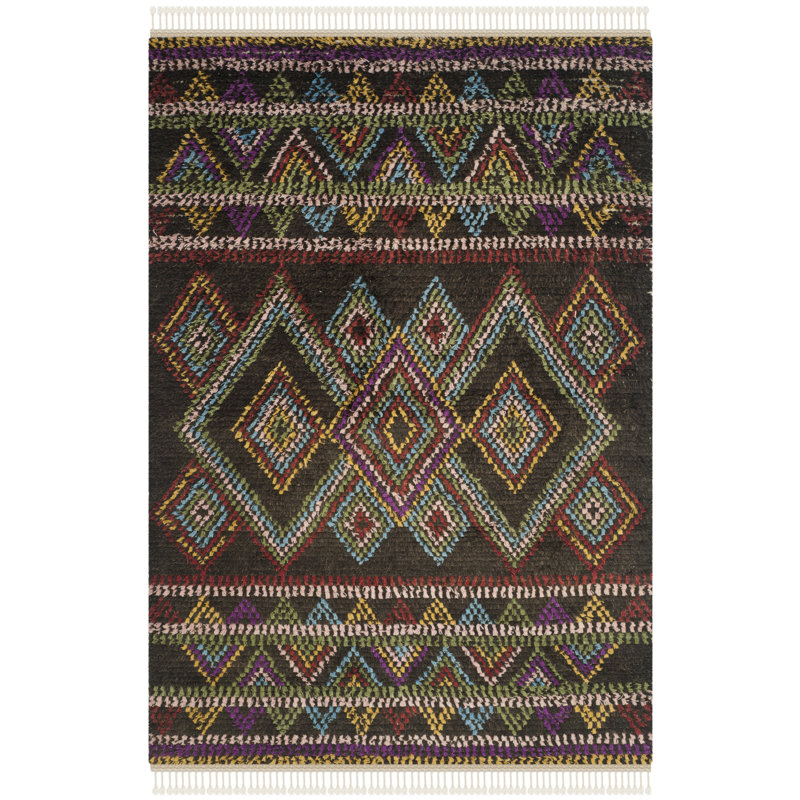 Tapis vert / brun / mauve en laine / coton noué à la main de style sud-ouest Raeleigh, Rectangle 8 pi x 10 pi