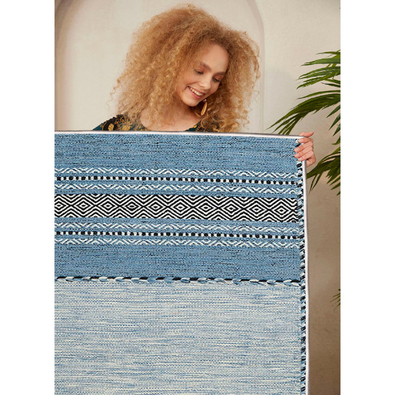 Luxury Cotton Area Rug, 50 x 80 cm (1.6 x 2.6 ft) | 100% Antibacterial, Non-Slip PVC Underside, 0.3 in Pile Height | Machine Washable, Cream, Blue & Black Design | Perfect for Living Room, Bedroom & Entryway