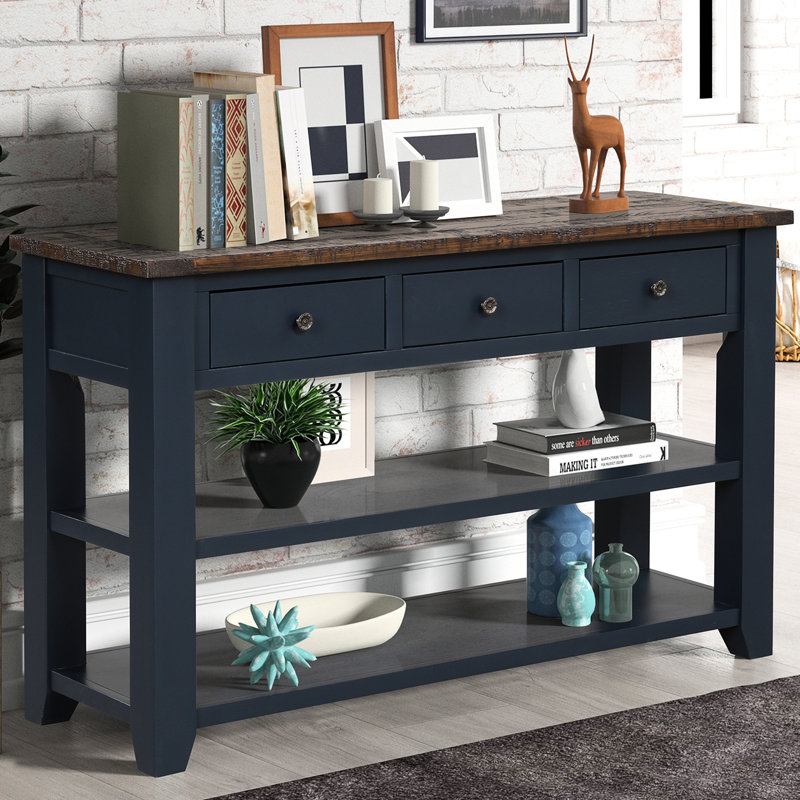 Console 48 po avec 3 tiroirs et 2 tablettes - Pin massif bleu pour bureau, tablettes, bureau personnel, assemblage facile