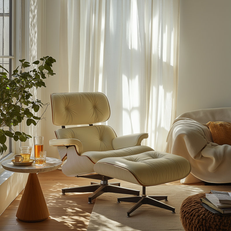 Real Leather lounge chair with Solid Wood, Natural Wood Cream Genuine Leather