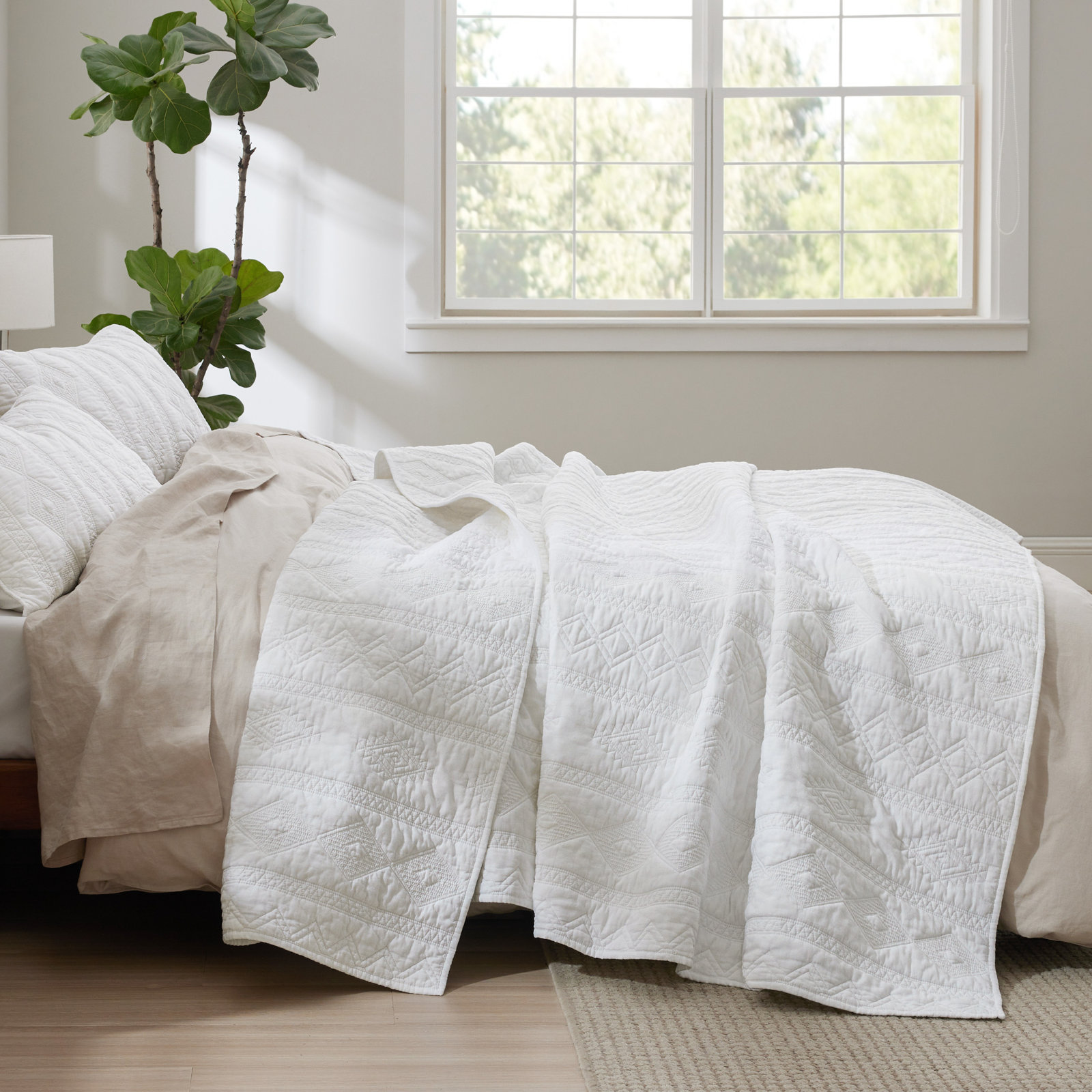 Alberta Cotton Coverlet Set, Queen Quilt + 2 Shams, Pure White