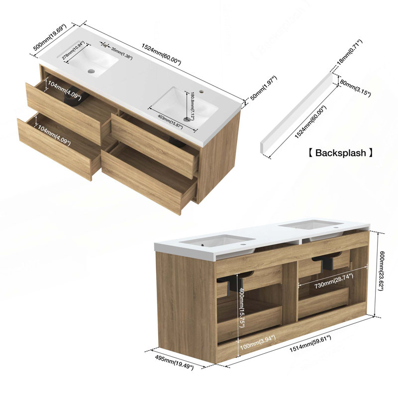 Armoire de meuble-lavabo mural avec lavabo, 60", Bois naturel