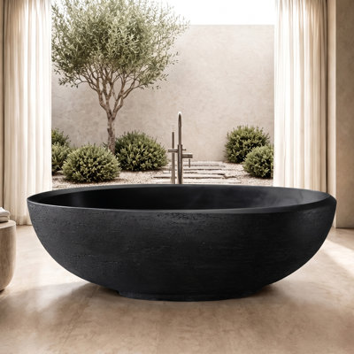67" × 31" Freestanding Resin Stone Soaking Tub, Black Travertine Finish Bathtub
