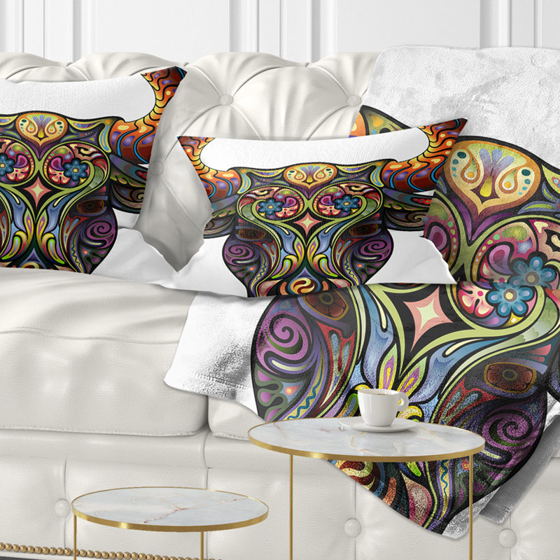 Taureau ornemental - coussin imprimé animal, 18 po x 18 po, Coussin décoratif