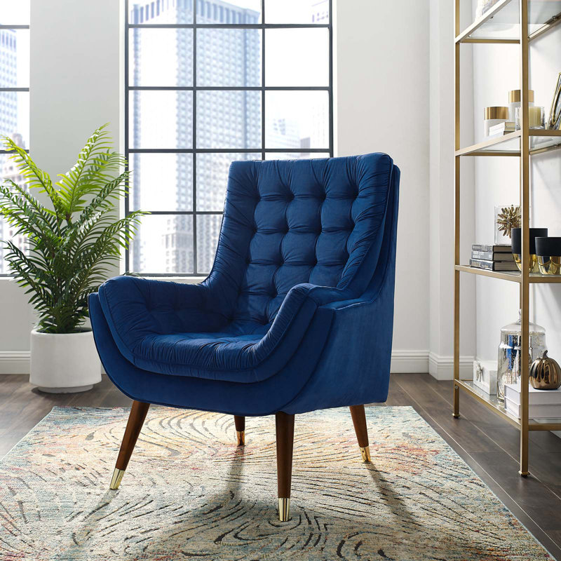 Suggest Button Tufted Upholstered Velvet Lounge Chair, Navy