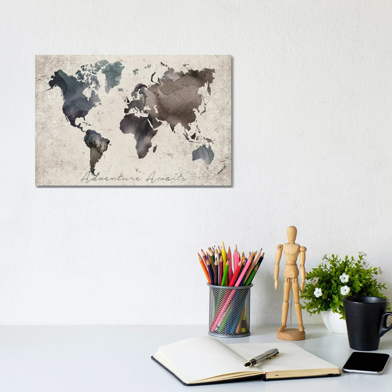 Adventure Awaits Map by WallDecorAddict - Wrapped Canvas Print, 20.32 cm H x 30.48 cm W, Wrapped Canvas