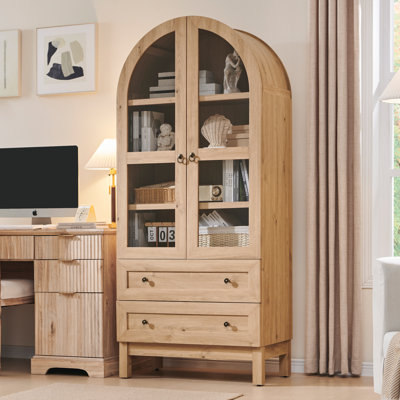 71" Tall Arched Bookshelf, 4-Tier Bookcase with Glass Doors and Shelves, Wooden Display Cabinet w/2 Large Storage Drawers, Modern Farmhouse Versatile
