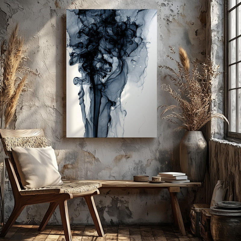 Toile, superbe composition abstraite monochrome avec formes fluides tourbillonnantes d'art mural, fumée ou vapeur, entrelacement gracieux sur toile