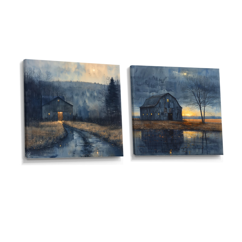 Winter Winter Barn Fading Light I - Barn Wall Art - ensemble d'art mural traditionnel 2 pièces, Toile tendue