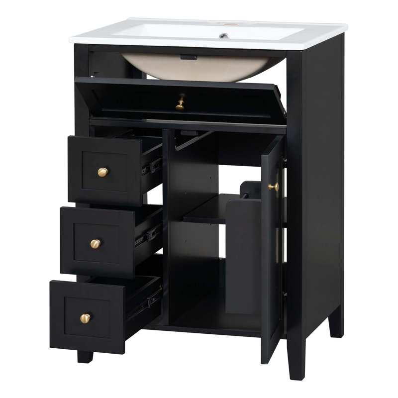 Meuble-lavabo noir 24 po avec lavabo, panneau de fibres à densité moyenne et fabrication en bois d'hévéa, 3 tiroirs et armoire avec tablettes réglables