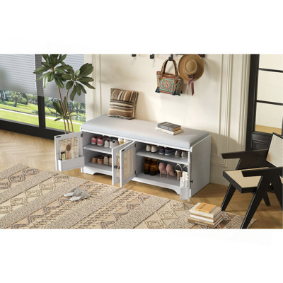 Rustic Storage Bench Multifunctional Wood Entryway Shoe Bench With Removable Cushion, Woven Rattan Doors & Adjustable Shelves For Hallway, Living Room
