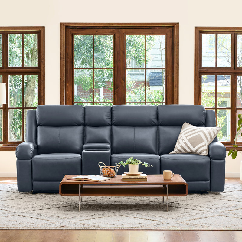 Zachery Genuine Leather Power Reclining Sofa With Multifunctional Console, 3, Navy