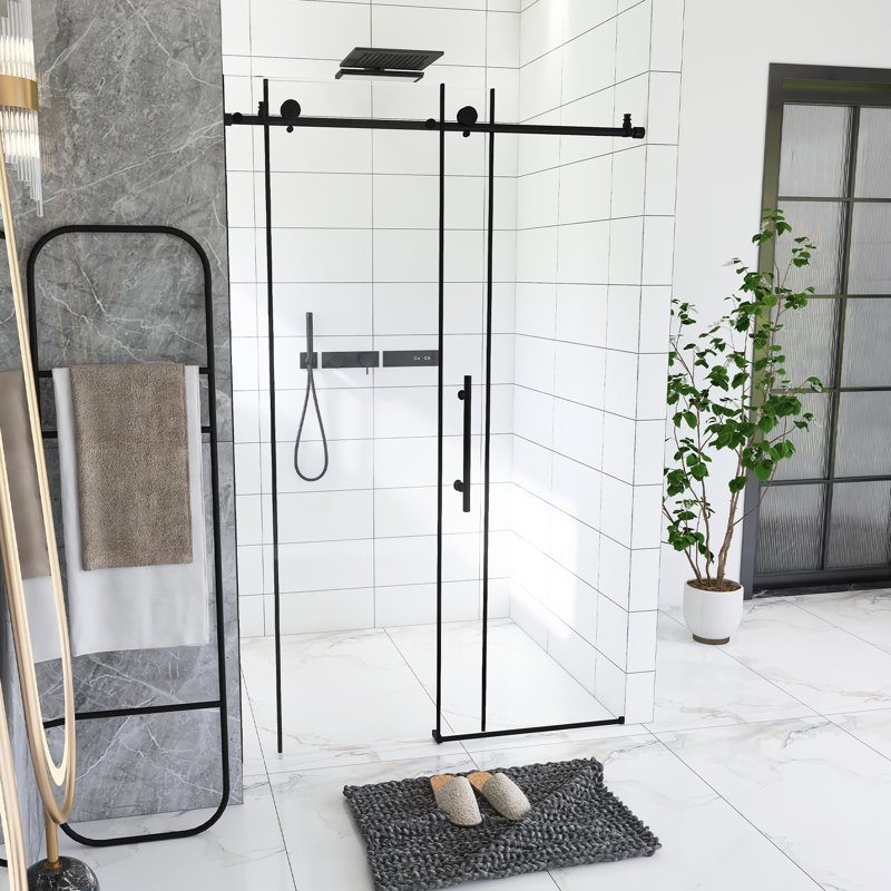 Frameless Shower Door 44-48 "W X 76" H, 1/4 "(6 Mm) Clear Tempered Glass, Explosion Proof Film, Stainless Steel Handle, Matte Black