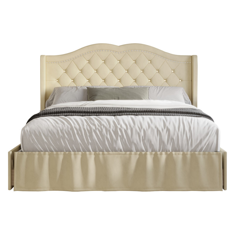 Lit à panneaux tapissier avec rangement Charland, Grand, Beige