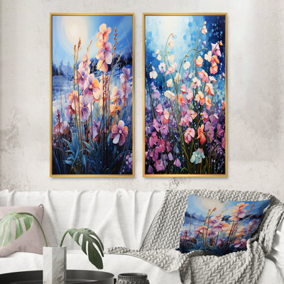 «Coral Blue Orchids Field Pointillism Dot», 2 pièces