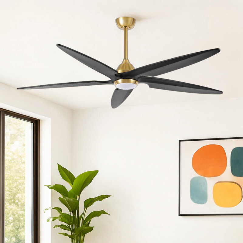 Ventilateur de plafond en bois massif à 5 pales Chanille avec lumière DEL et télécommande, Or, 64", Noir