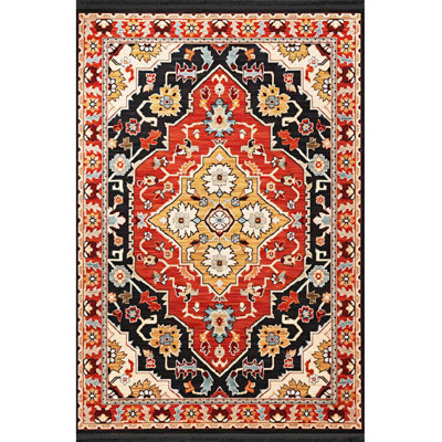 Red Themed Multi Colored Traditional Ethnic Patterned Vintage Decorative Rug Machine Washable