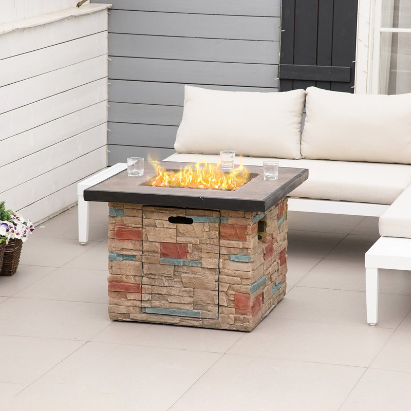 32 Inch Outdoor Propane Gas Fire Pit Table, 50,000 Auto-Ignition, Square Faux Ledge Stone Glamour, Lava Rocks, Rain Cover, , Cream Brown 32" Entice, Russet