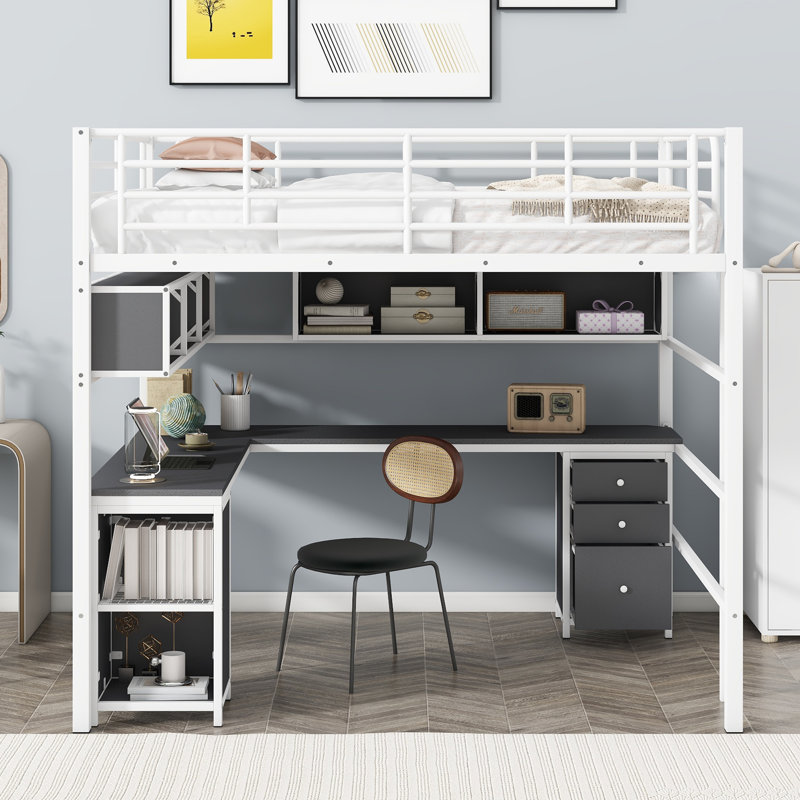 Lit mezzanine en métal avec bibliothèque, bureau et armoire, Noir blanc