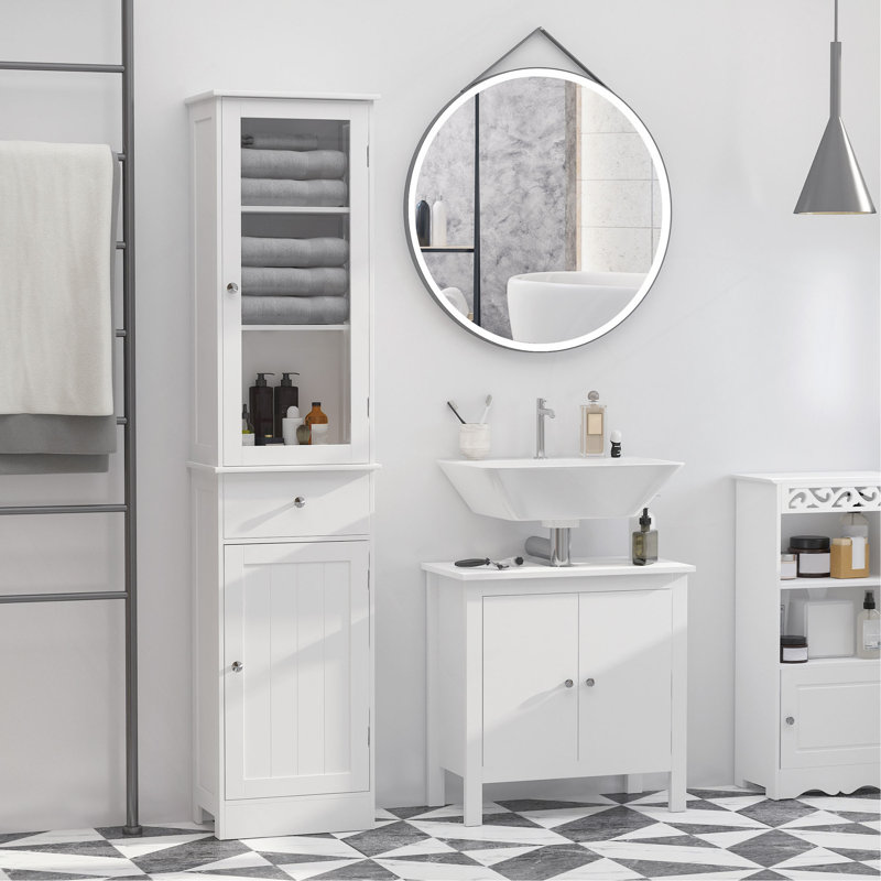 Armoire de rangement mince, armoire de salle de bain haute, tour de lin étroite avec porte en acrylique, tiroir et tablettes, blanc