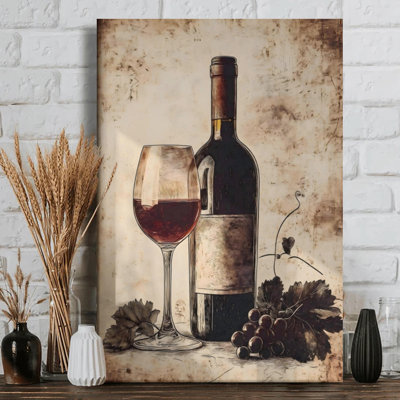 Wine bottle and glass with grapes Canvas Wall Art - vintage illustration style. Modern Painting - 1" Deep Gallery Wrapped - 24" x 36"