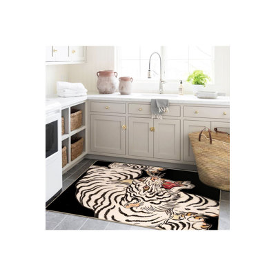 Tapis décoratif noir à motif tissé noir à motif animal sauvage