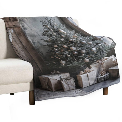Rustic Christmas Tree Gifts Beneath Luxury Flannel Throw Blanket, Soft Warm Fuzzy Blanket for Living Room Sofa Bed Home Decor