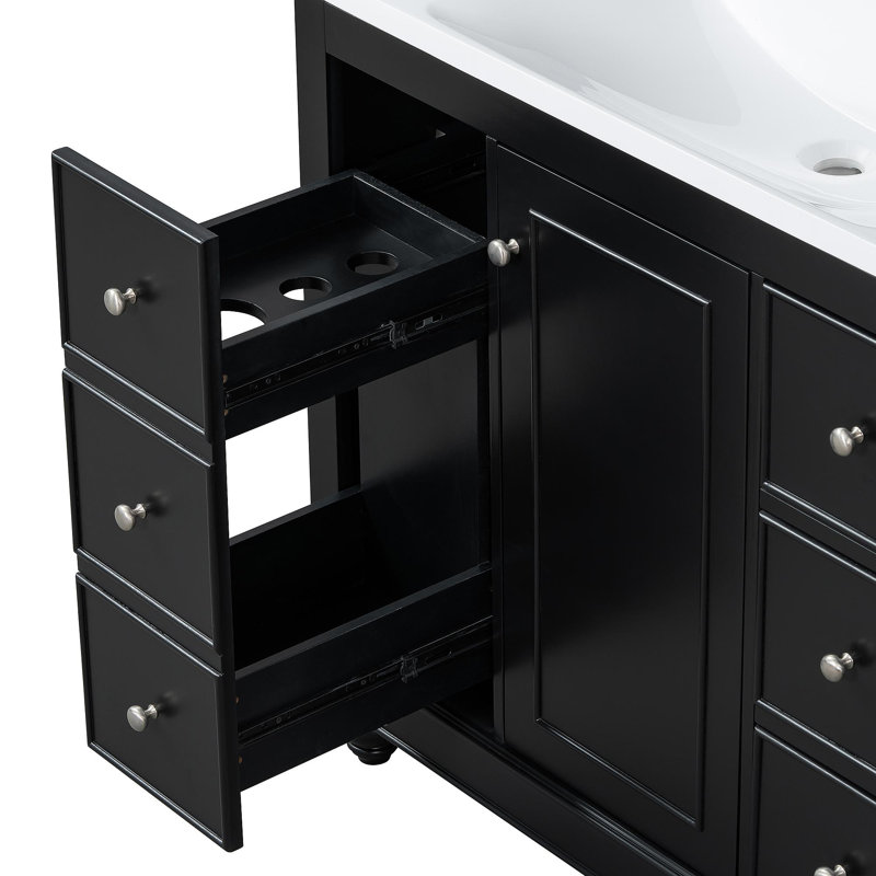 Meuble-lavabo contemporain noir - 36 po x 18 po x 34 po, 4 tiroirs et 1 porte d'armoire, rangement polyvalent, lavabo intégré en résine, tablettes réglables, cadre en bois massif avec panneau de fibres à densité moyenne