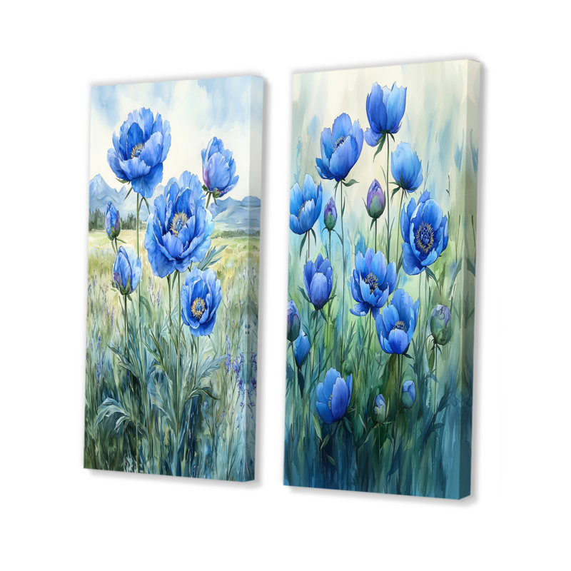 Pivoines bleues océaniques dans le champ I - art mural floral, collection 2 panneaux, H 40 po x l 41 po, Toile tendue