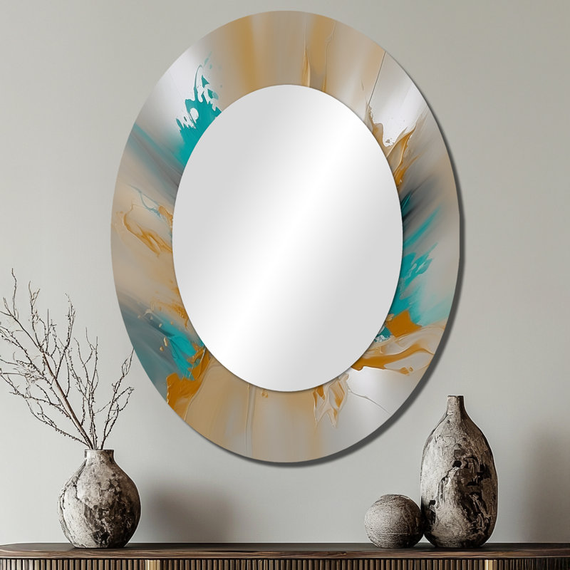 Yellow And Turquoise Marble Fuild Ink - Yellow Modern Oval Wall Mirror, 40" x 30"