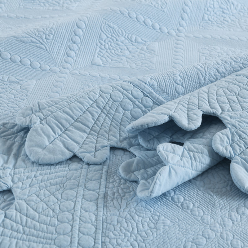 Tkembroidery Cotton Abstract Bedding, King Quilt + 2 King Shams, Light Blue