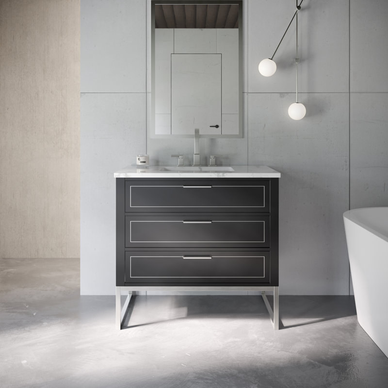 Markham 36'' W Single Vanity, Midnight Black, Carrara Marble, Brushed Nickel