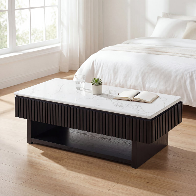 Table basse rectangulaire à plateau relevable avec compartiment de rangement caché et tiroir coulissant lisse, table centrale cannelée moderne multifonctionnelle avec plateau en faux pierre et lattes de soutien robustes