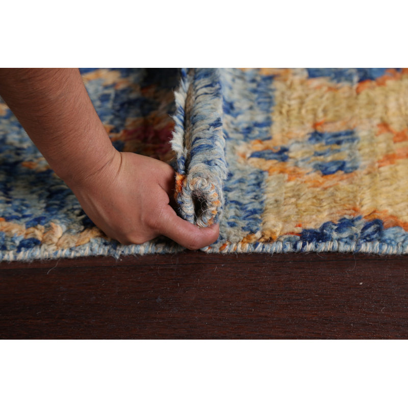 Tapis bleu en laine noué à la main de conception unique 7 pi 0 po x 11 pi 2 po